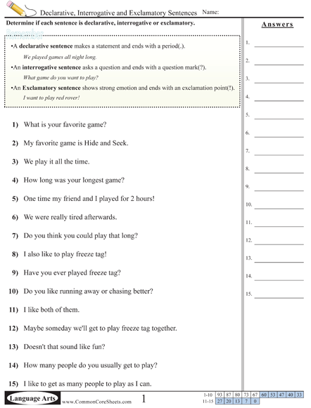 Sentence Type Worksheets - With Punctuation worksheet